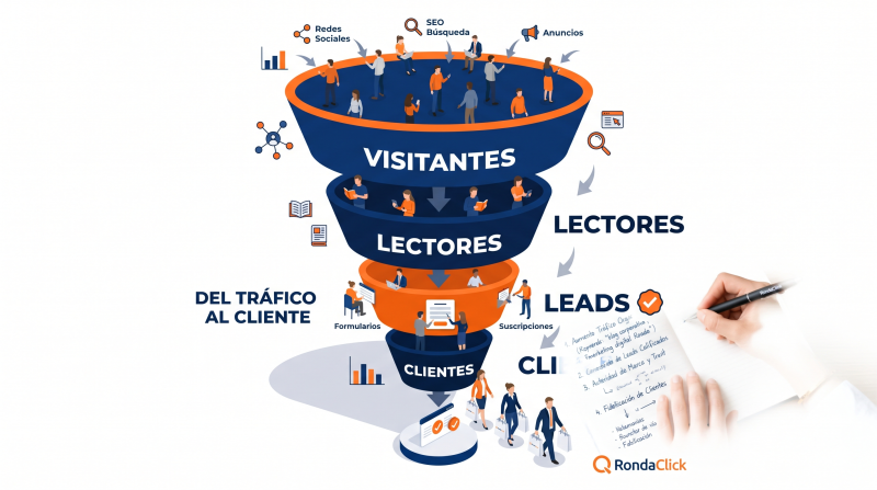 Embudo de conversión que muestra cómo un blog corporativo transforma visitantes en leads y clientes