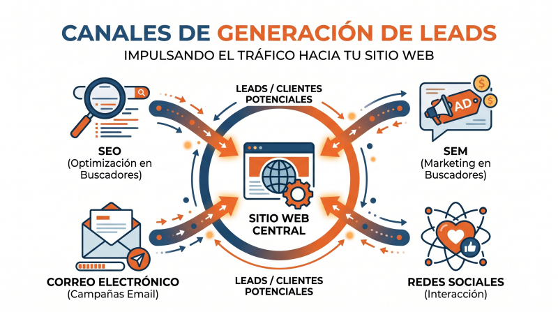 Diagrama con iconos representando SEO, Google Ads, redes sociales y email marketing conectados a una web de conversión