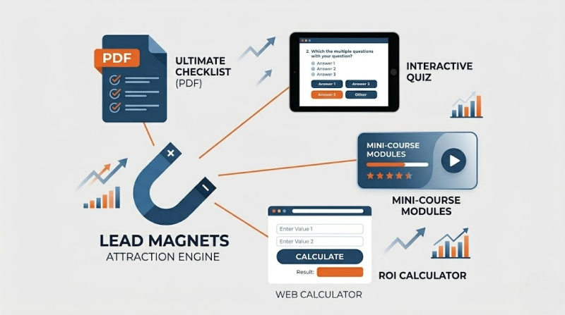 Ilustración de diferentes tipos de lead magnets como quizzes, calculadoras y guías descargables en una web
