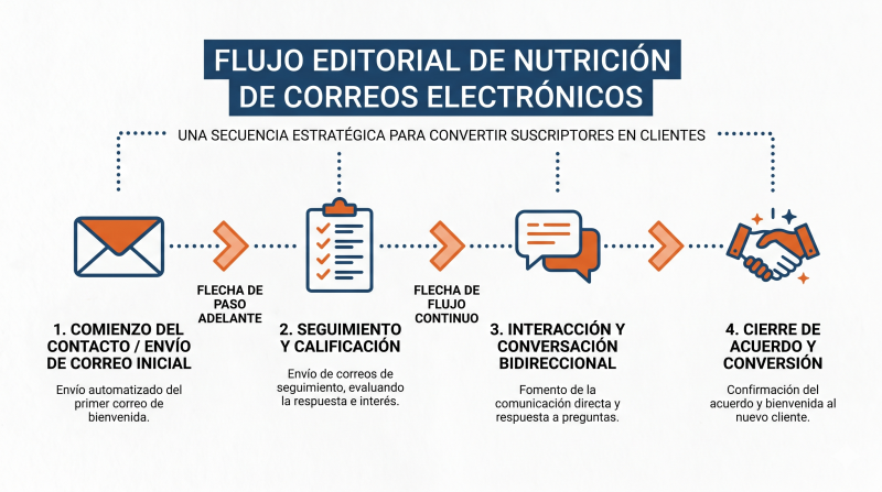 Diagrama de flujo de automatización de emails para lead nurturing conectando etapas del embudo de conversión