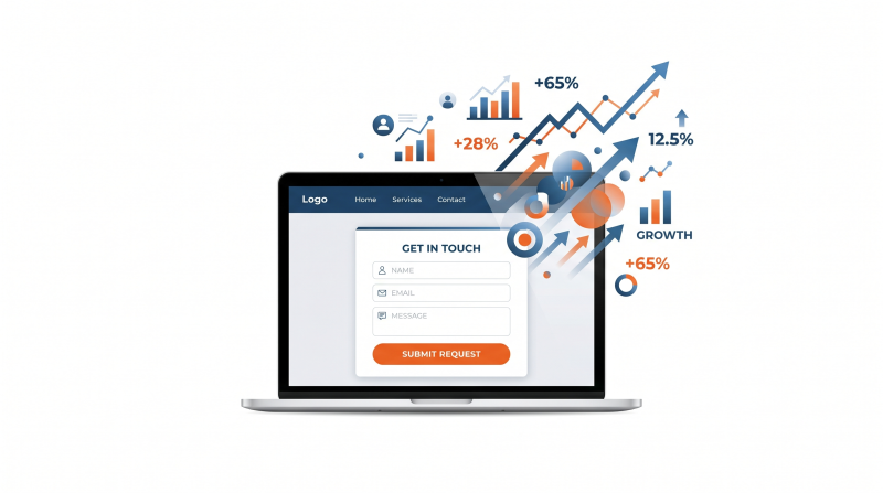 Pantalla de ordenador mostrando una web profesional con formulario de captación de leads y métricas de conversión al alza